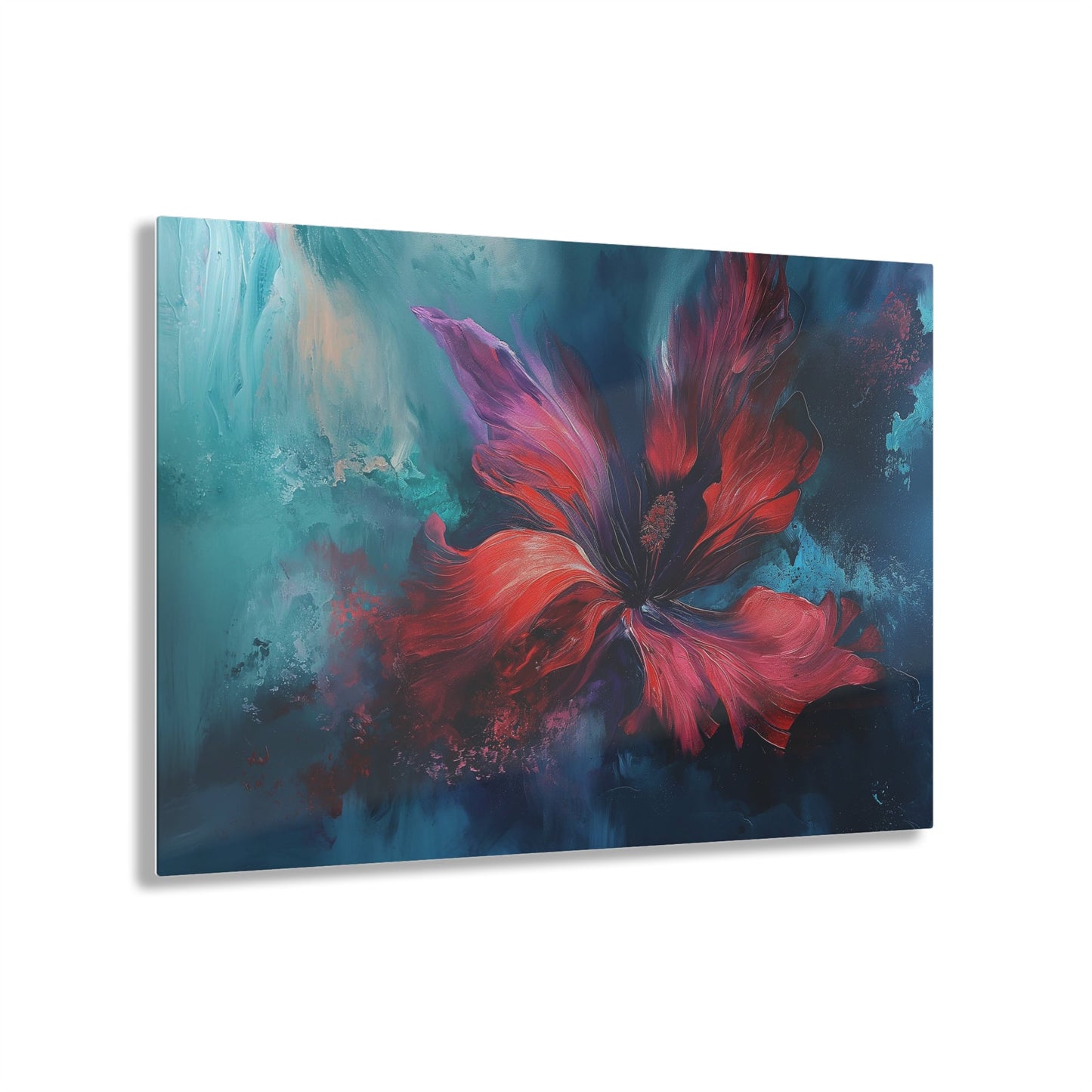 Horizontal-oriented wall art: "Crimson Bloom" A vibrant red flower in full bloom, with delicate crimson petals unfolding against a serene blue background. This abstract artwork captures the elegance and tranquility of nature, inviting a sense of calm and introspection.