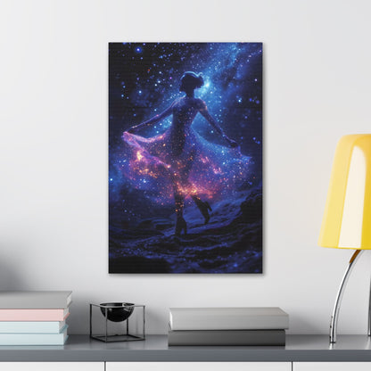 Capturing the celestial grace of a ballerina dancing amidst stars, Cosmic Ballet wall art adds an enchanting touch of cosmic elegance to your space, featuring a celestial dancer with a dress adorned by cosmic constellations with blue, pink, and purple hues.