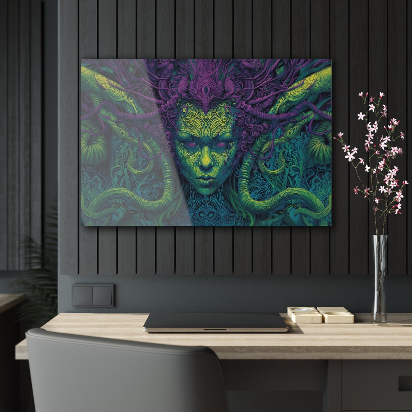 Horizontal-oriented artwork: Illustration inspired artwork featuring an otherworldly queen with green skin and purple tentacles, set against a dark and mysterious background. The queen's symmetrical face and intricate design elements evoke an aura of eerie mystique.