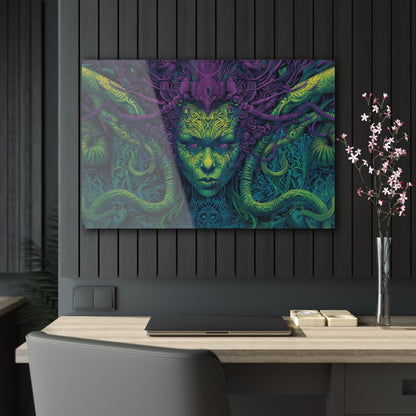 Horizontal-oriented artwork: Illustration inspired artwork featuring an otherworldly queen with green skin and purple tentacles, set against a dark and mysterious background. The queen's symmetrical face and intricate design elements evoke an aura of eerie mystique.