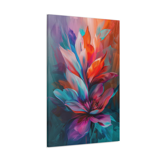 Vertical-oriented artwork: Vivid Floral Kaleidoscope - An abstract still life painting featuring a dynamic mix of colorful flowers in a kaleidoscopic arrangement, bursting with vibrant hues and intricate patterns.