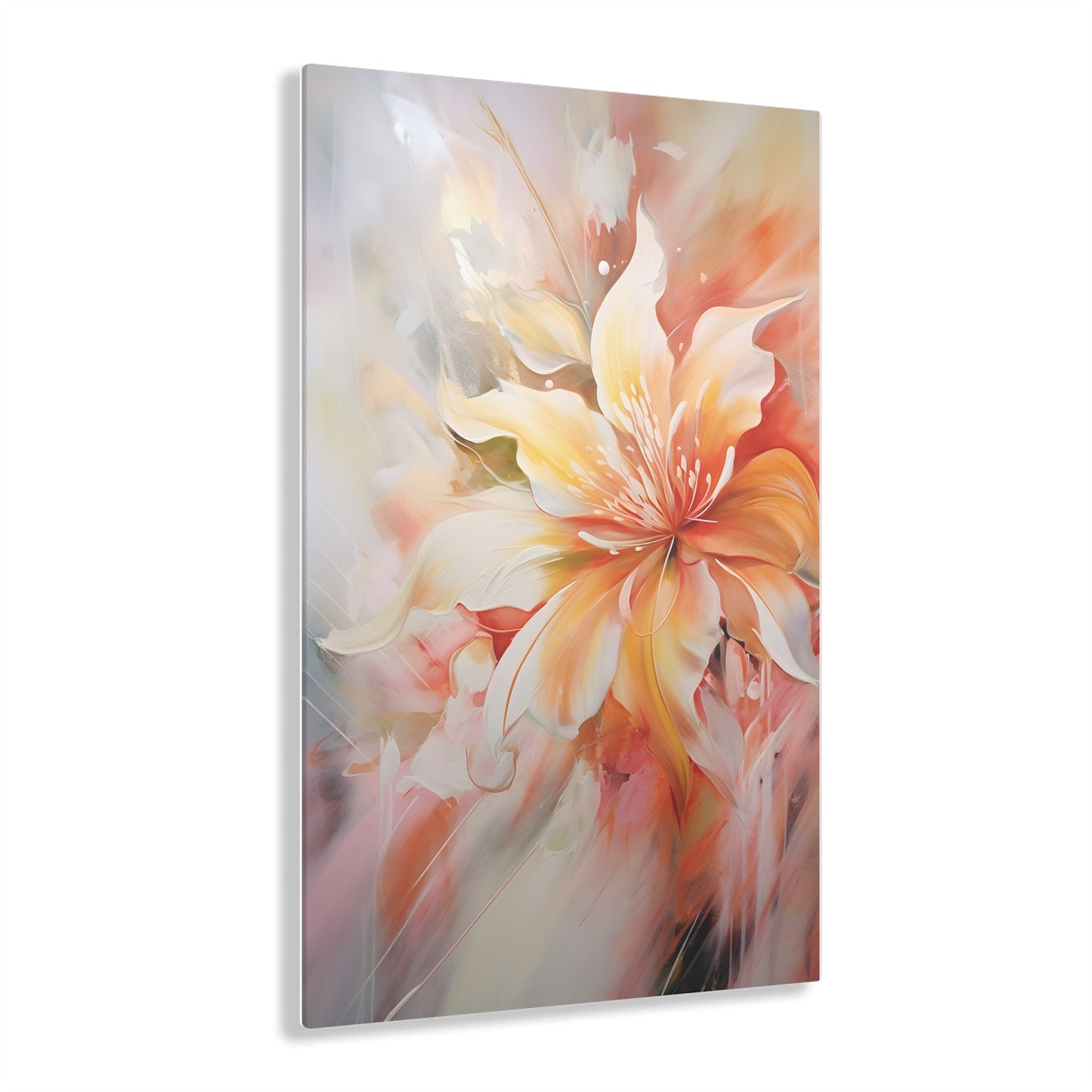 Vertical-Oriented wall art: "Whispering Ivory II" A soft, ivory-colored flower with gentle petals in shades of cream, peach, and blush, captured in flowing brushstrokes. This abstract artwork exudes tranquility and elegance, creating a serene atmosphere.