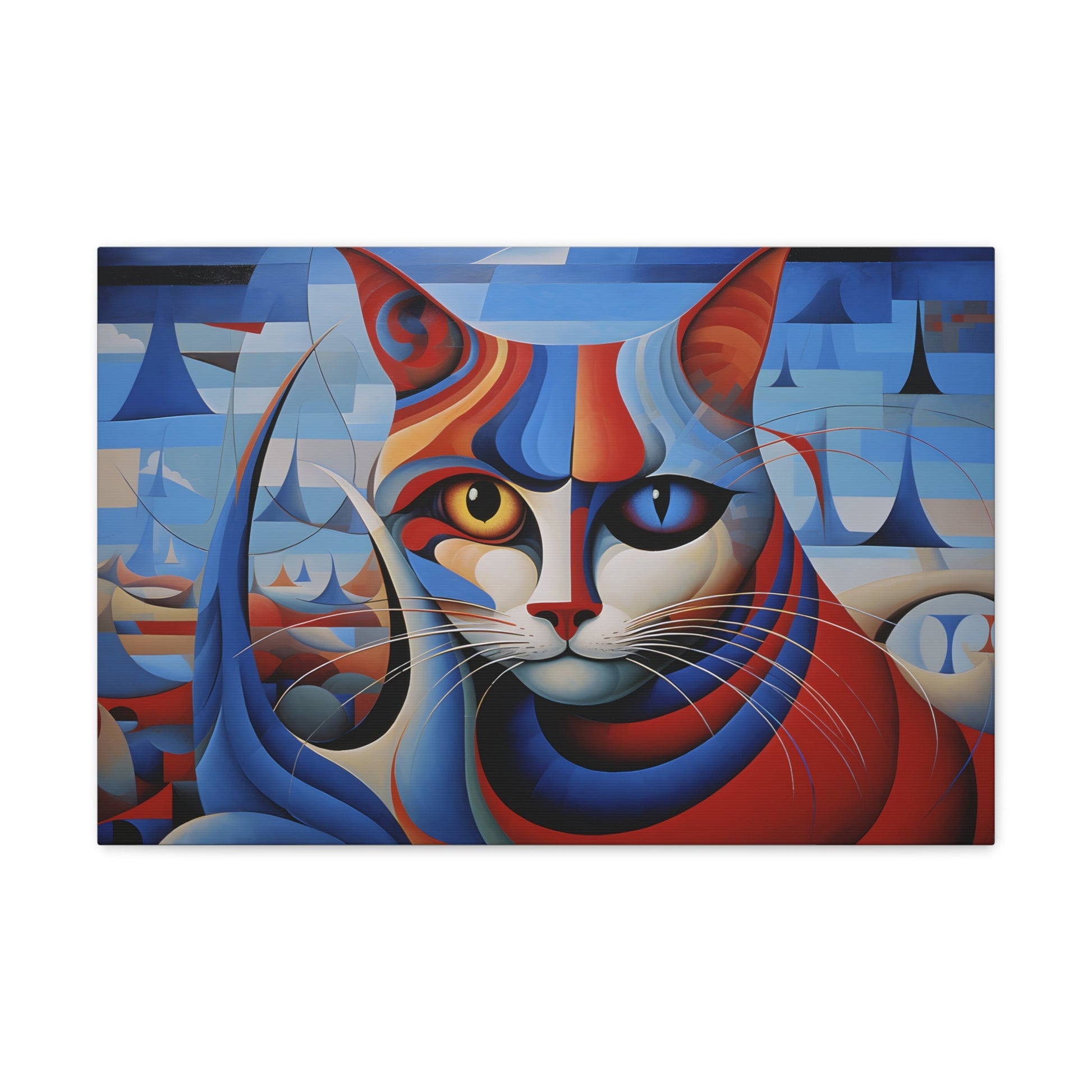 Horizontal-oriented wall art: A vibrant, cubist-inspired depiction of a cat's face, featuring bold geometric shapes and a striking mix of red, blue, and orange tones. The cat's eyes are prominently highlighted, with one eye in yellow and the other in blue, creating a captivating contrast against the abstract background.