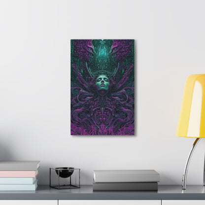 Vertical-oriented artwork: Illustration inspired artwork featuring an otherworldly queen with green skin and purple tentacles, set against a dark and mysterious background. The queen's symmetrical face and intricate design elements evoke an aura of eerie mystique.