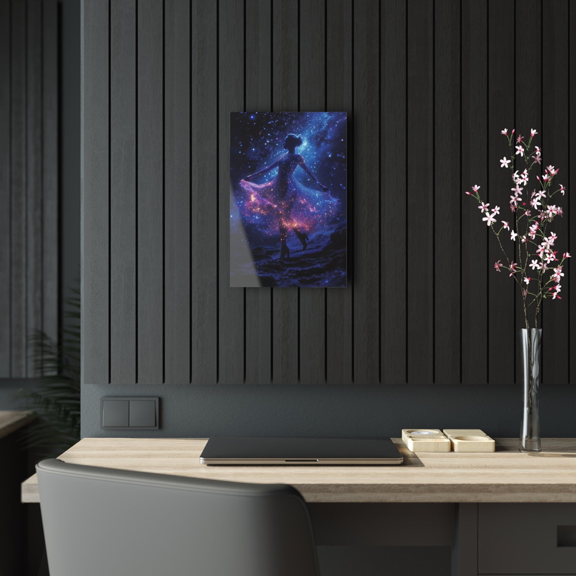 Capturing the celestial grace of a ballerina dancing amidst stars, Cosmic Ballet wall art adds an enchanting touch of cosmic elegance to your space, featuring a celestial dancer with a dress adorned by cosmic constellations with blue, pink, and purple hues.