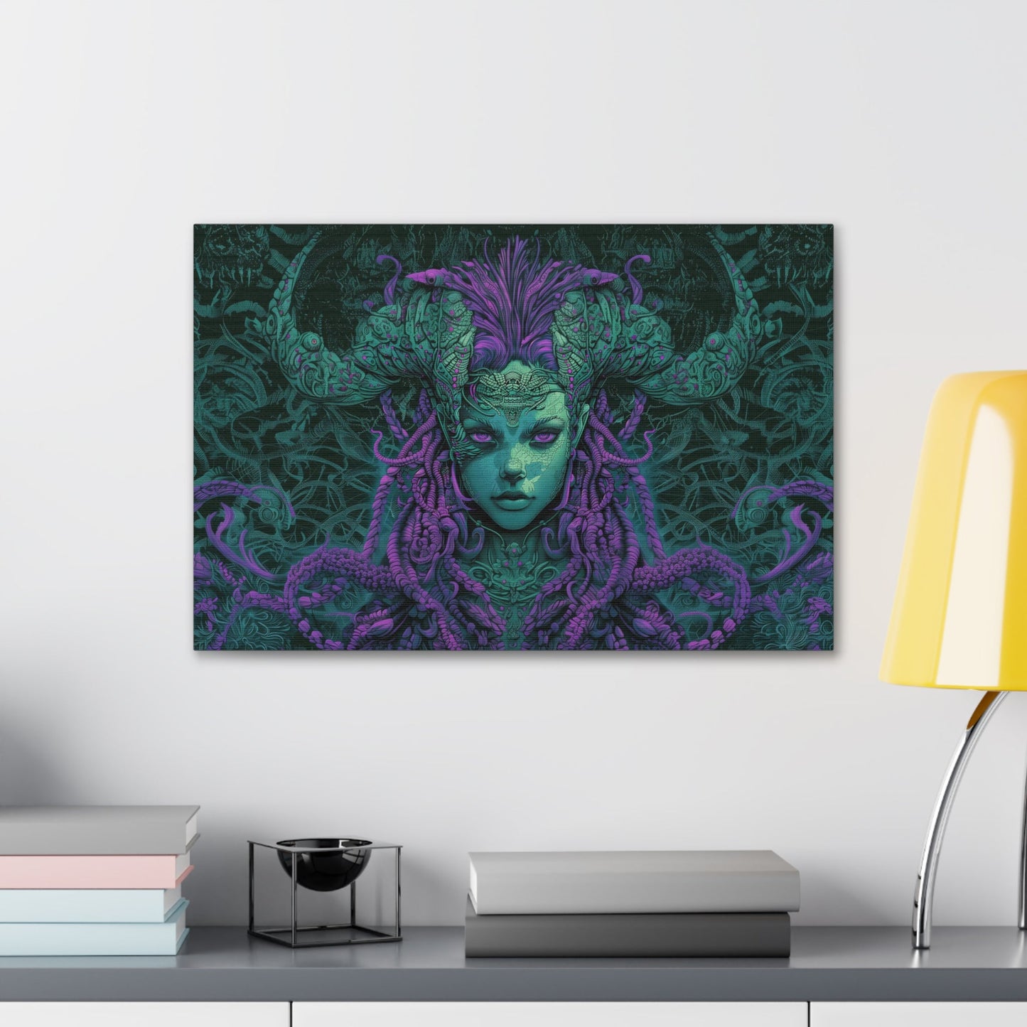 Horizontal-oriented artwork: Illustration inspired artwork featuring an otherworldly queen with green skin and purple tentacles, set against a dark and mysterious background. The queen's symmetrical face and intricate design elements evoke an aura of eerie mystique.