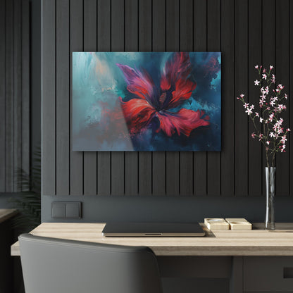 Horizontal-oriented wall art: "Crimson Bloom" A vibrant red flower in full bloom, with delicate crimson petals unfolding against a serene blue background. This abstract artwork captures the elegance and tranquility of nature, inviting a sense of calm and introspection.