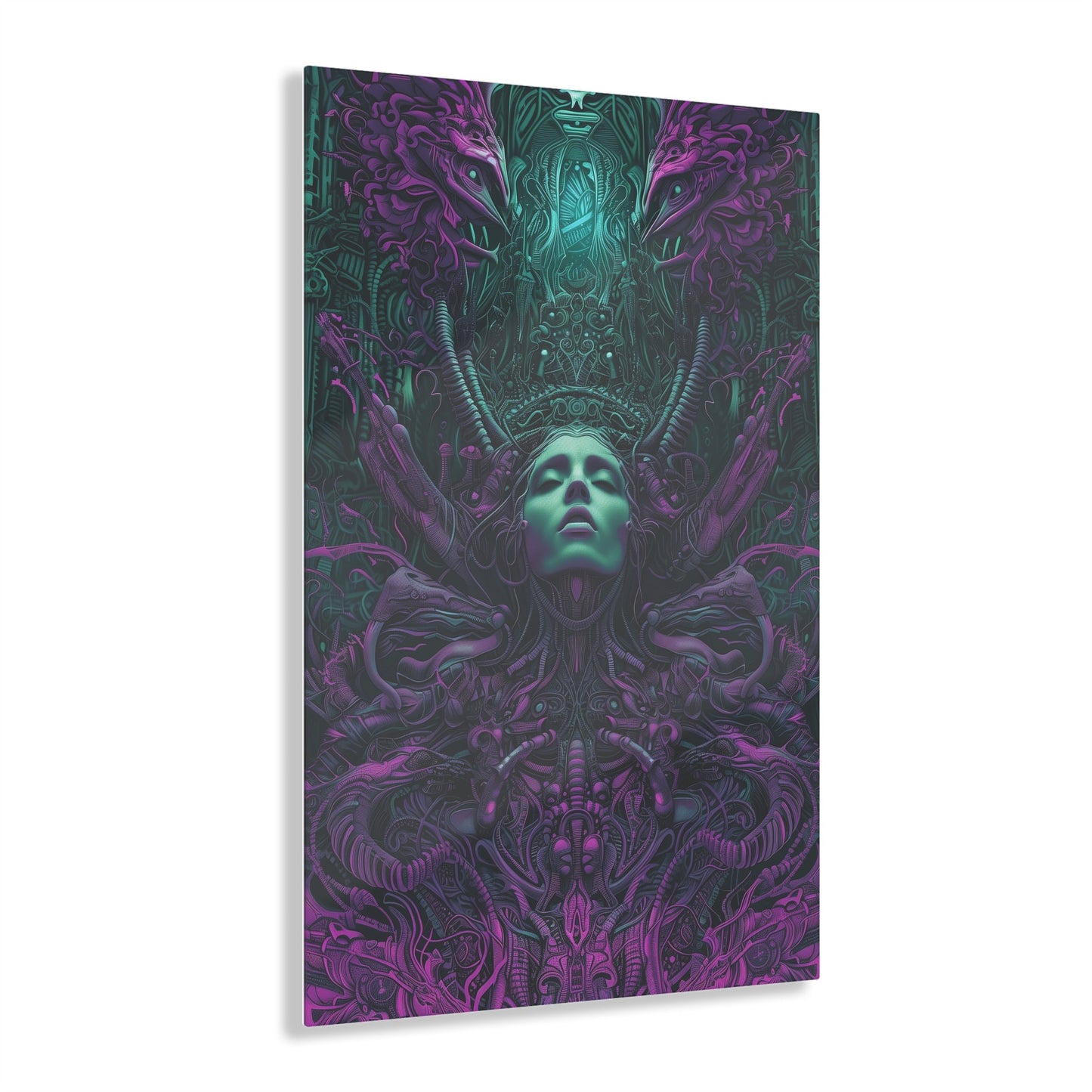 Vertical-oriented artwork: Illustration inspired artwork featuring an otherworldly queen with green skin and purple tentacles, set against a dark and mysterious background. The queen's symmetrical face and intricate design elements evoke an aura of eerie mystique.