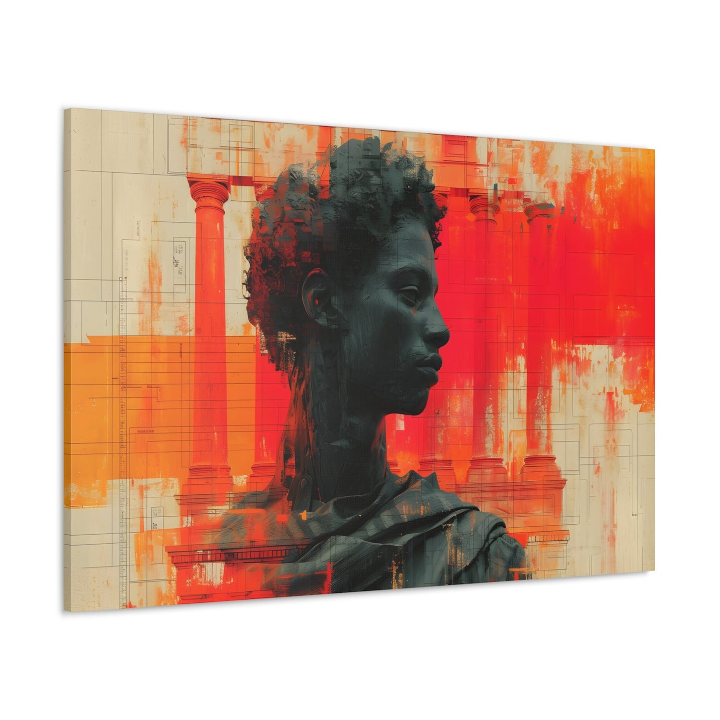 Horizontal-Oriented wall art: Digital artwork titled AfroSync from the Renaissance Rebooted collection, featuring a Renaissance-inspired male statue with an Afro-centric twist, surrounded by glitch art and vibrant red and orange tones. The image combines classical sculpture with modern digital elements, symbolizing the fusion of tradition and technology.
