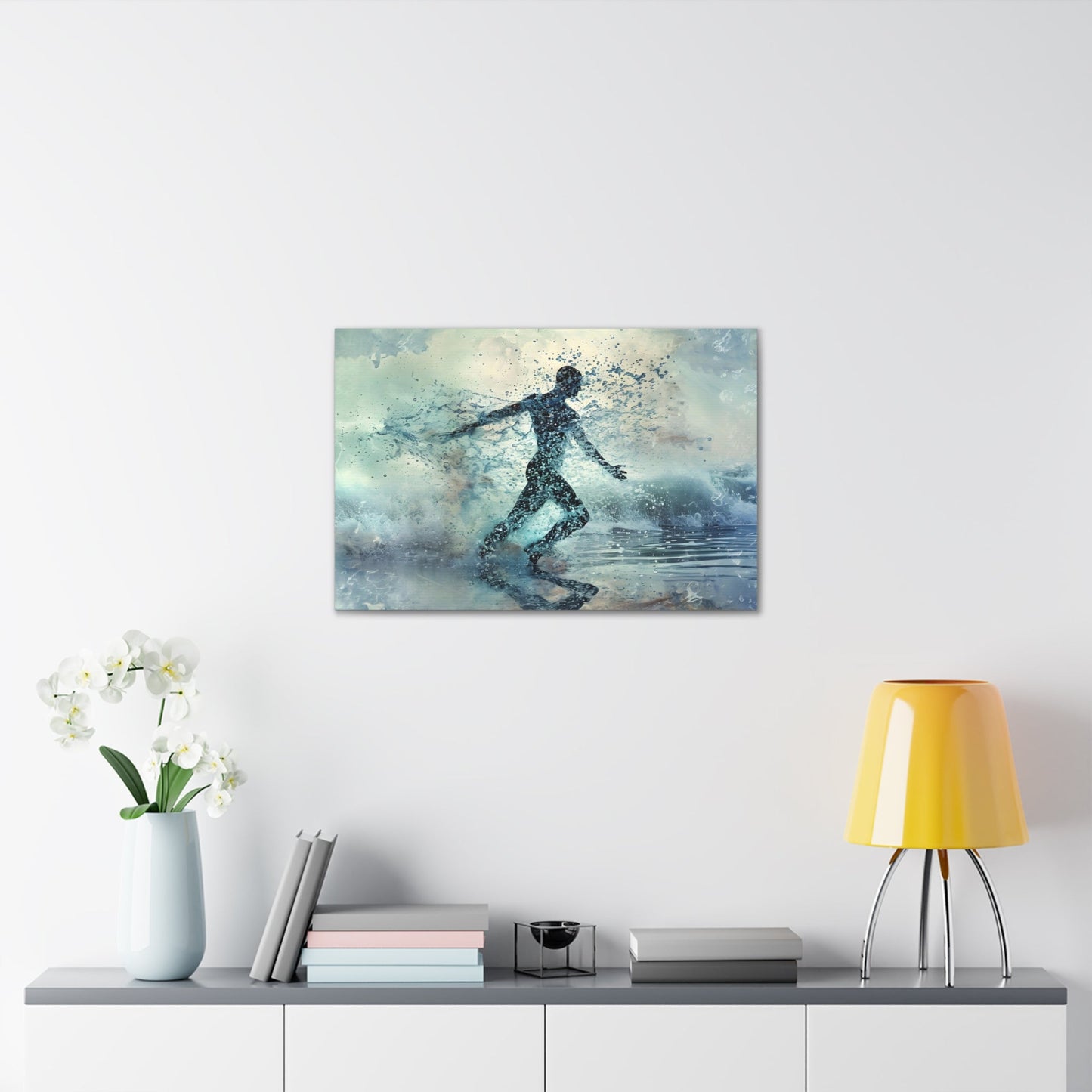 Spectral Seafarer" portrays a male silhouette dancing amid celestial oceanic waves, blending ethereal beauty with the grace of the underwater world, in a stunning display of pointillism-infused art.