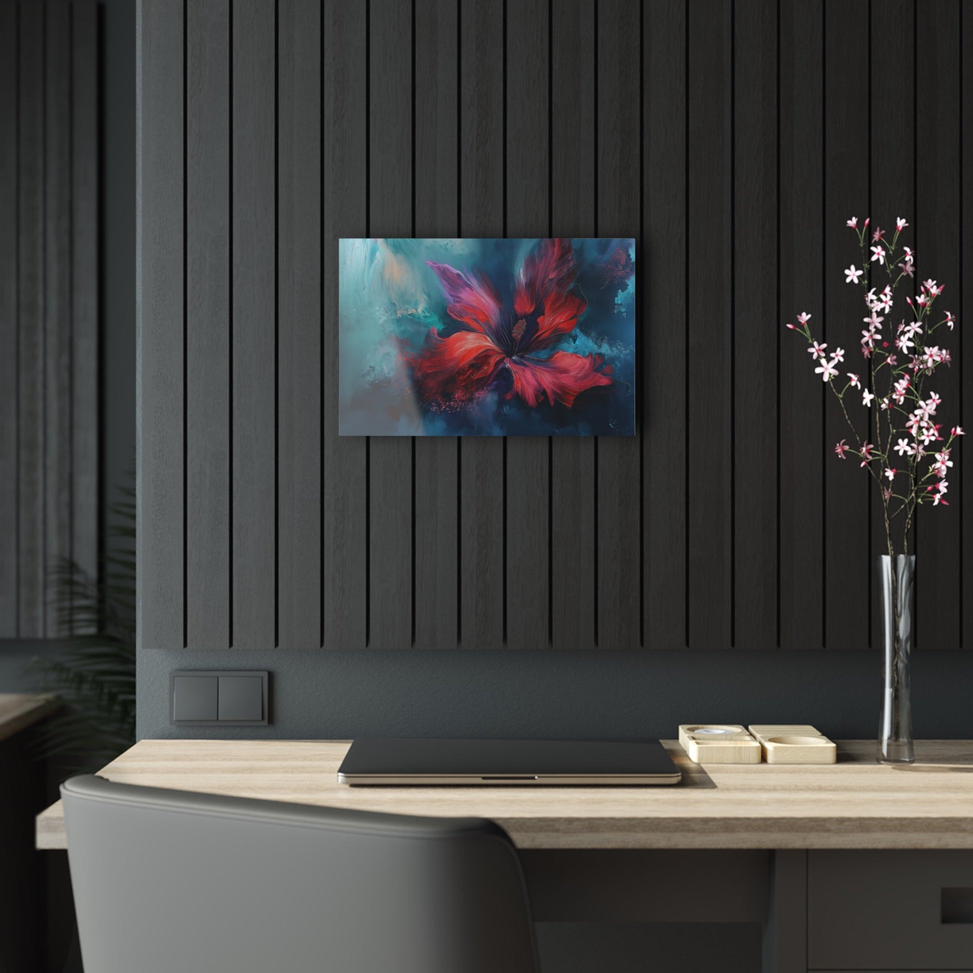 Horizontal-oriented wall art: "Crimson Bloom" A vibrant red flower in full bloom, with delicate crimson petals unfolding against a serene blue background. This abstract artwork captures the elegance and tranquility of nature, inviting a sense of calm and introspection.