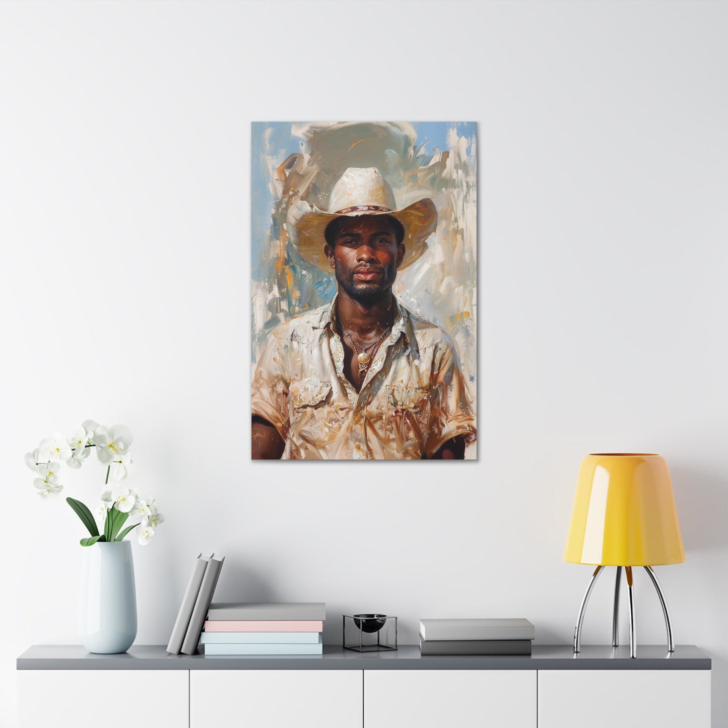 Vertical-oriented artwork: Portrait of a Cowboy IV depicts a close-up portrait of an african-american lone cowboy, his face partially obscured by a wide-brimmed hat, rendered in the Impressionist style with charming details and contrasting values, capturing the rugged beauty of the Old West.