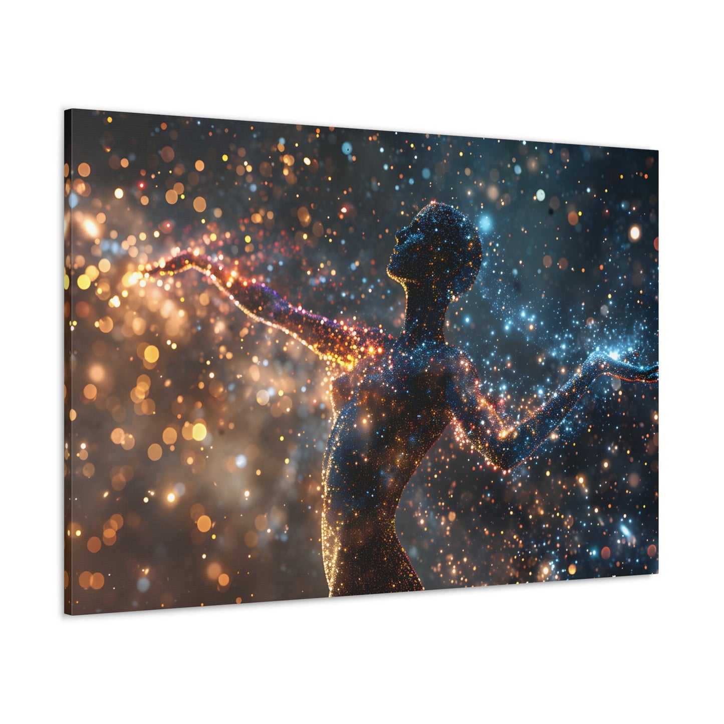 Captivating pointillism artwork featuring a graceful female silhouette amidst a cosmic backdrop, seamlessly blending celestial elements and the elegance of the human form in Stellar Poise.