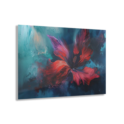 Horizontal-oriented wall art: "Crimson Bloom" A vibrant red flower in full bloom, with delicate crimson petals unfolding against a serene blue background. This abstract artwork captures the elegance and tranquility of nature, inviting a sense of calm and introspection.