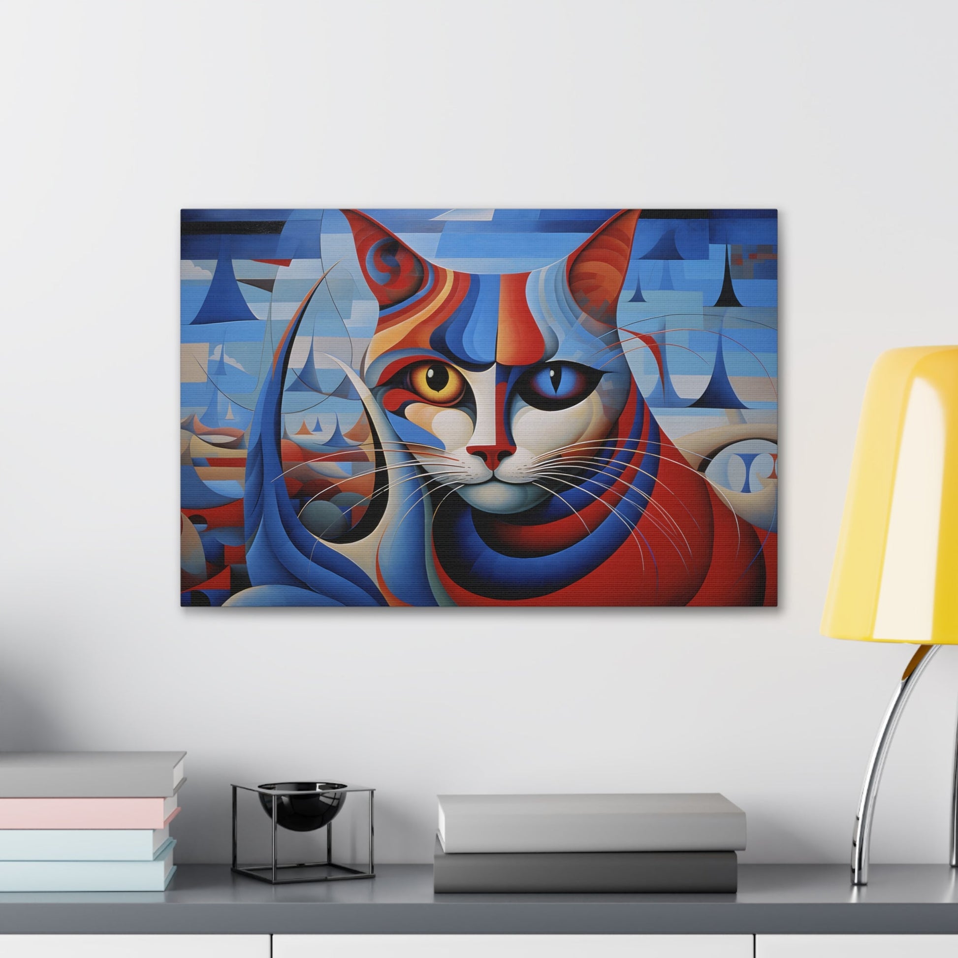 Horizontal-oriented wall art: A vibrant, cubist-inspired depiction of a cat's face, featuring bold geometric shapes and a striking mix of red, blue, and orange tones. The cat's eyes are prominently highlighted, with one eye in yellow and the other in blue, creating a captivating contrast against the abstract background.