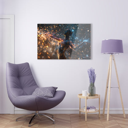 Captivating pointillism artwork featuring a graceful female silhouette amidst a cosmic backdrop, seamlessly blending celestial elements and the elegance of the human form in Stellar Poise.