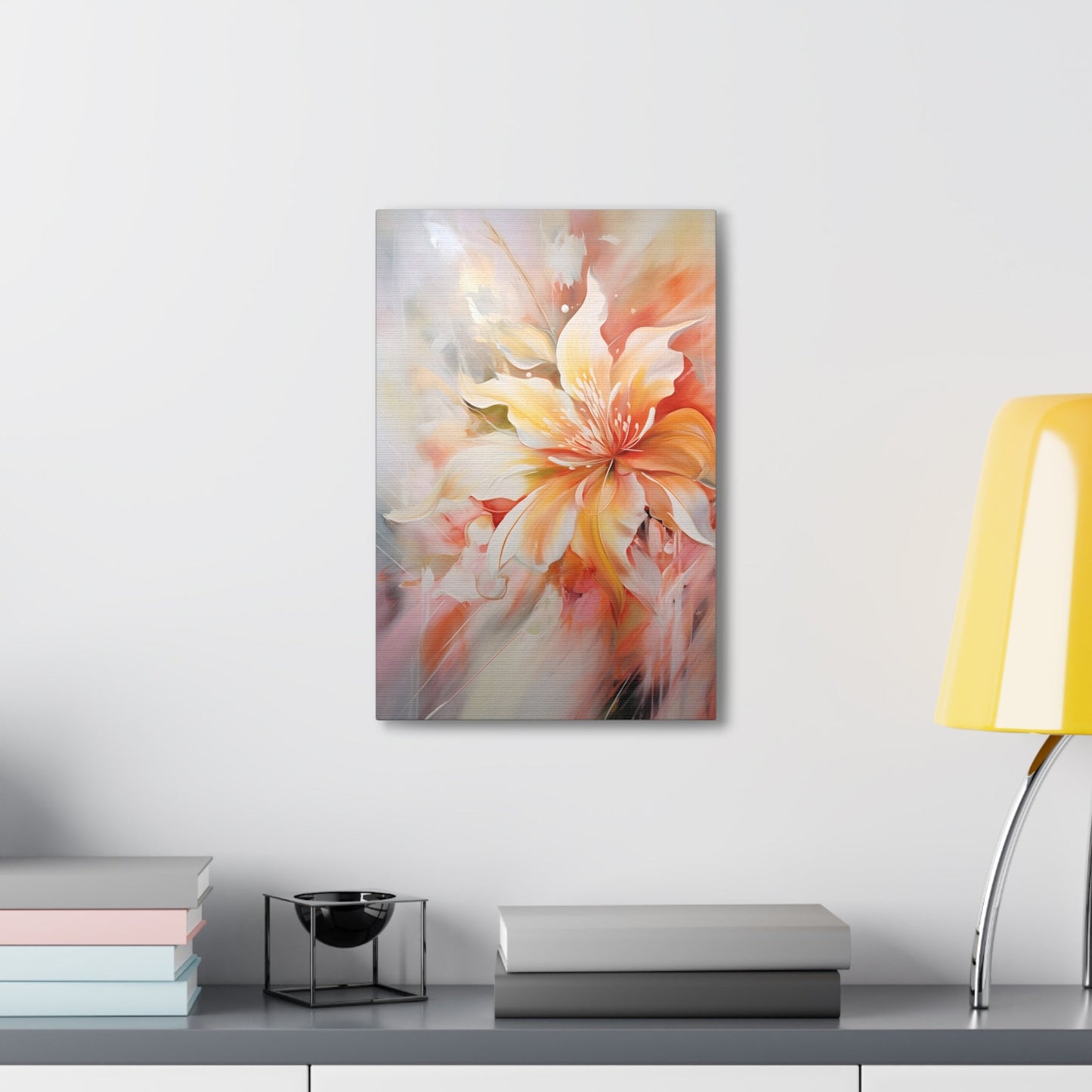 Vertical-Oriented wall art: "Whispering Ivory II" A soft, ivory-colored flower with gentle petals in shades of cream, peach, and blush, captured in flowing brushstrokes. This abstract artwork exudes tranquility and elegance, creating a serene atmosphere.