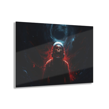 Horizontal-oriented wall art:'Cosmic Remains' from the Deep Space Dread collection features a surreal depiction of an astronaut's skeletal figure suspended in the vastness of space. The artwork showcases intricate details and cosmic hues, capturing the enigma of cosmic mysteries and otherworldly encounters.