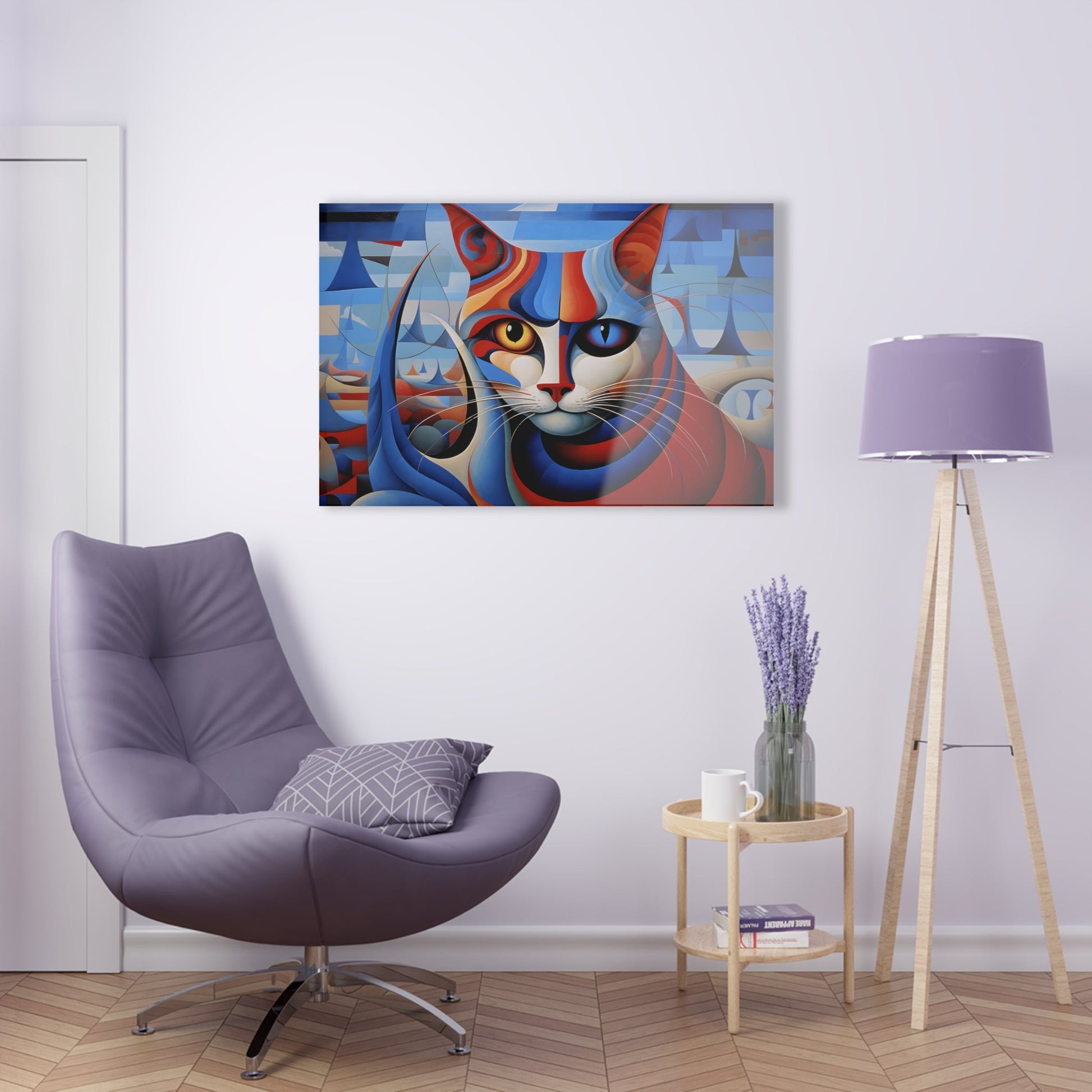 Horizontal-oriented wall art: A vibrant, cubist-inspired depiction of a cat's face, featuring bold geometric shapes and a striking mix of red, blue, and orange tones. The cat's eyes are prominently highlighted, with one eye in yellow and the other in blue, creating a captivating contrast against the abstract background.