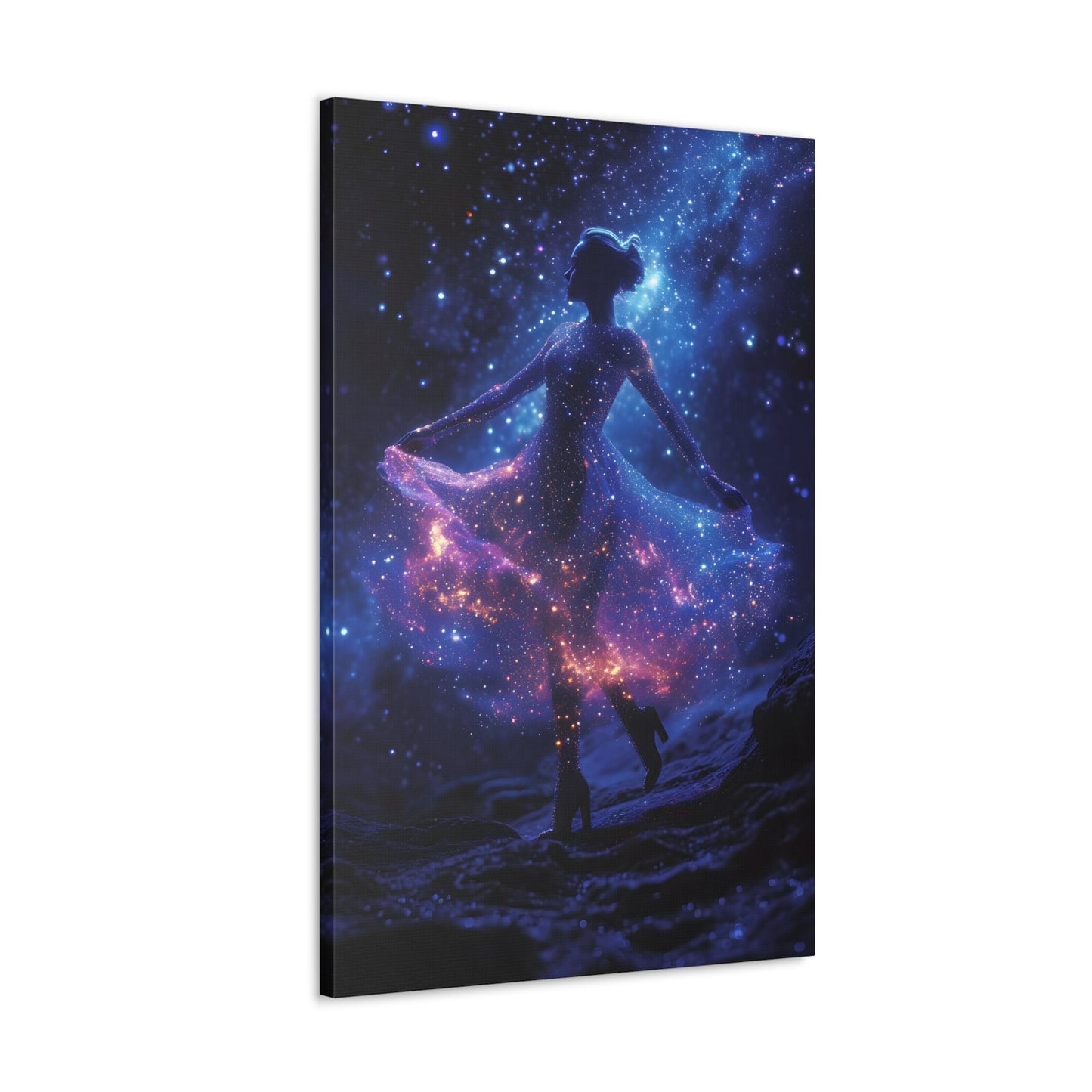 Capturing the celestial grace of a ballerina dancing amidst stars, Cosmic Ballet wall art adds an enchanting touch of cosmic elegance to your space, featuring a celestial dancer with a dress adorned by cosmic constellations with blue, pink, and purple hues.