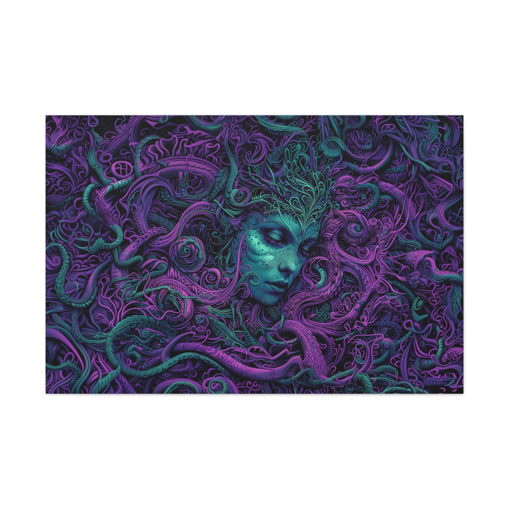 Horizontal-oriented artwork: Illustration inspired artwork featuring an otherworldly queen with green skin and purple tentacles, set against a dark and mysterious background. The queen's symmetrical face and intricate design elements evoke an aura of eerie mystique.