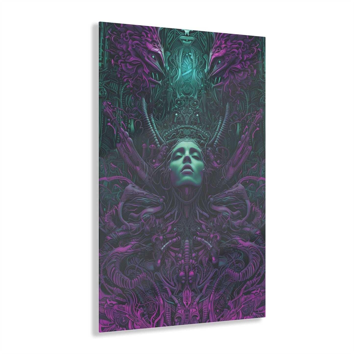 Vertical-oriented artwork: Illustration inspired artwork featuring an otherworldly queen with green skin and purple tentacles, set against a dark and mysterious background. The queen's symmetrical face and intricate design elements evoke an aura of eerie mystique.