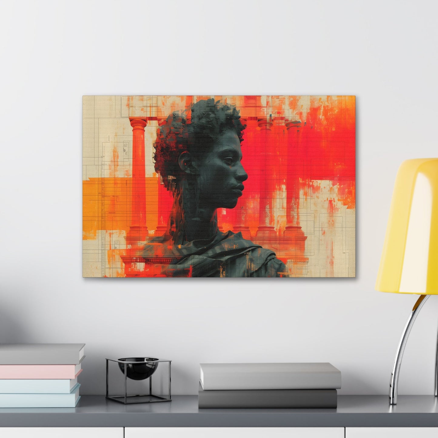 Horizontal-Oriented wall art: Digital artwork titled AfroSync from the Renaissance Rebooted collection, featuring a Renaissance-inspired male statue with an Afro-centric twist, surrounded by glitch art and vibrant red and orange tones. The image combines classical sculpture with modern digital elements, symbolizing the fusion of tradition and technology.
