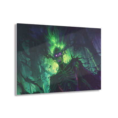 Horizontal-oriented artwork: An eerie illustration featuring a mystical lich with glowing eyes, surrounded by eldritch energies in shades of green and purple, against a dark, ominous background.