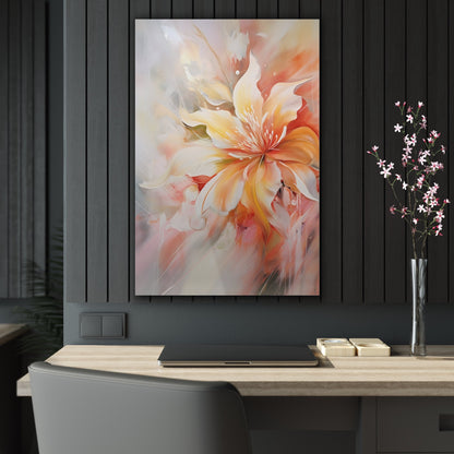 Vertical-Oriented wall art: "Whispering Ivory II" A soft, ivory-colored flower with gentle petals in shades of cream, peach, and blush, captured in flowing brushstrokes. This abstract artwork exudes tranquility and elegance, creating a serene atmosphere.