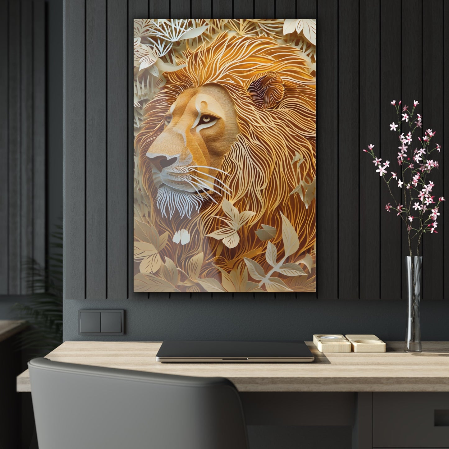 Celebrate the majestic beauty of the lion with 'Cut to the King II,' a stunning piece from our Wildlife Whims collection. This paper cutout inspired artwork captures the regal essence of the king of the jungle, with exquisite details and vibrant colors, adding a touch of the wild to your space.