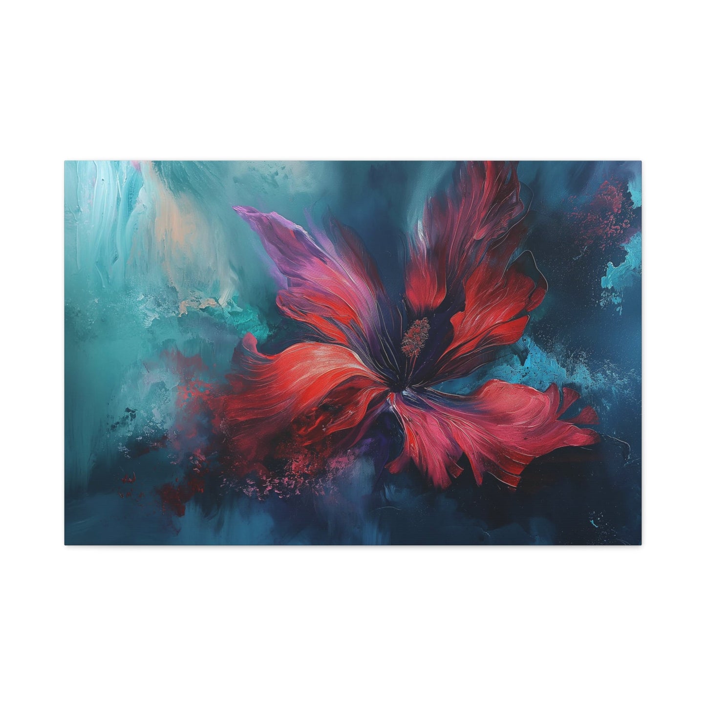 Horizontal-oriented wall art: "Crimson Bloom" A vibrant red flower in full bloom, with delicate crimson petals unfolding against a serene blue background. This abstract artwork captures the elegance and tranquility of nature, inviting a sense of calm and introspection.