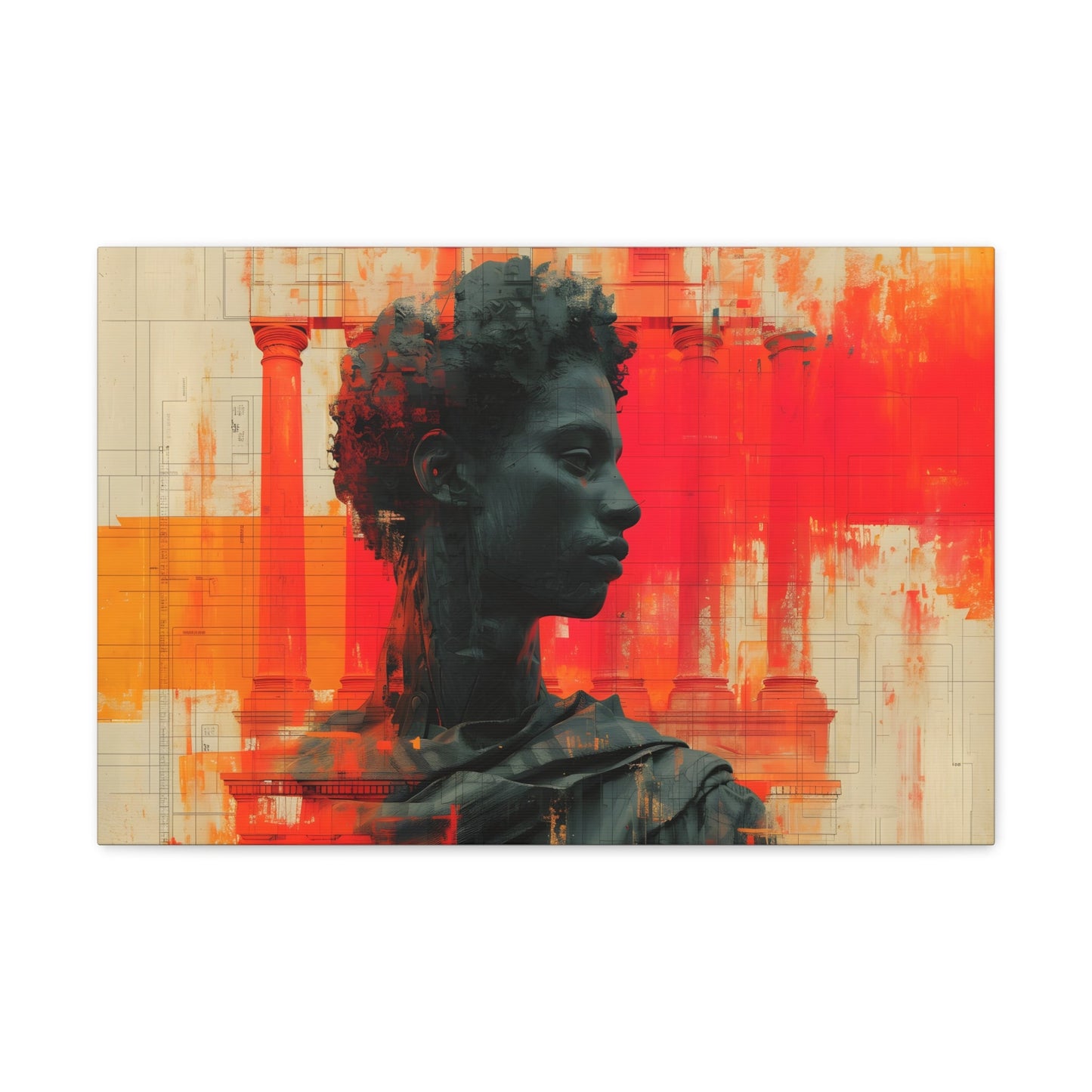 Horizontal-Oriented wall art: Digital artwork titled AfroSync from the Renaissance Rebooted collection, featuring a Renaissance-inspired male statue with an Afro-centric twist, surrounded by glitch art and vibrant red and orange tones. The image combines classical sculpture with modern digital elements, symbolizing the fusion of tradition and technology.
