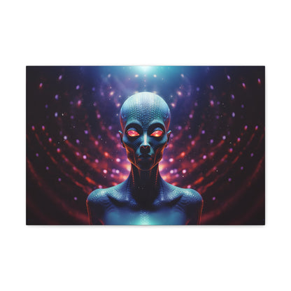 Otherworldly entity with a piercing gaze, floating amidst cosmic energies and surreal, psychonautic patterns.