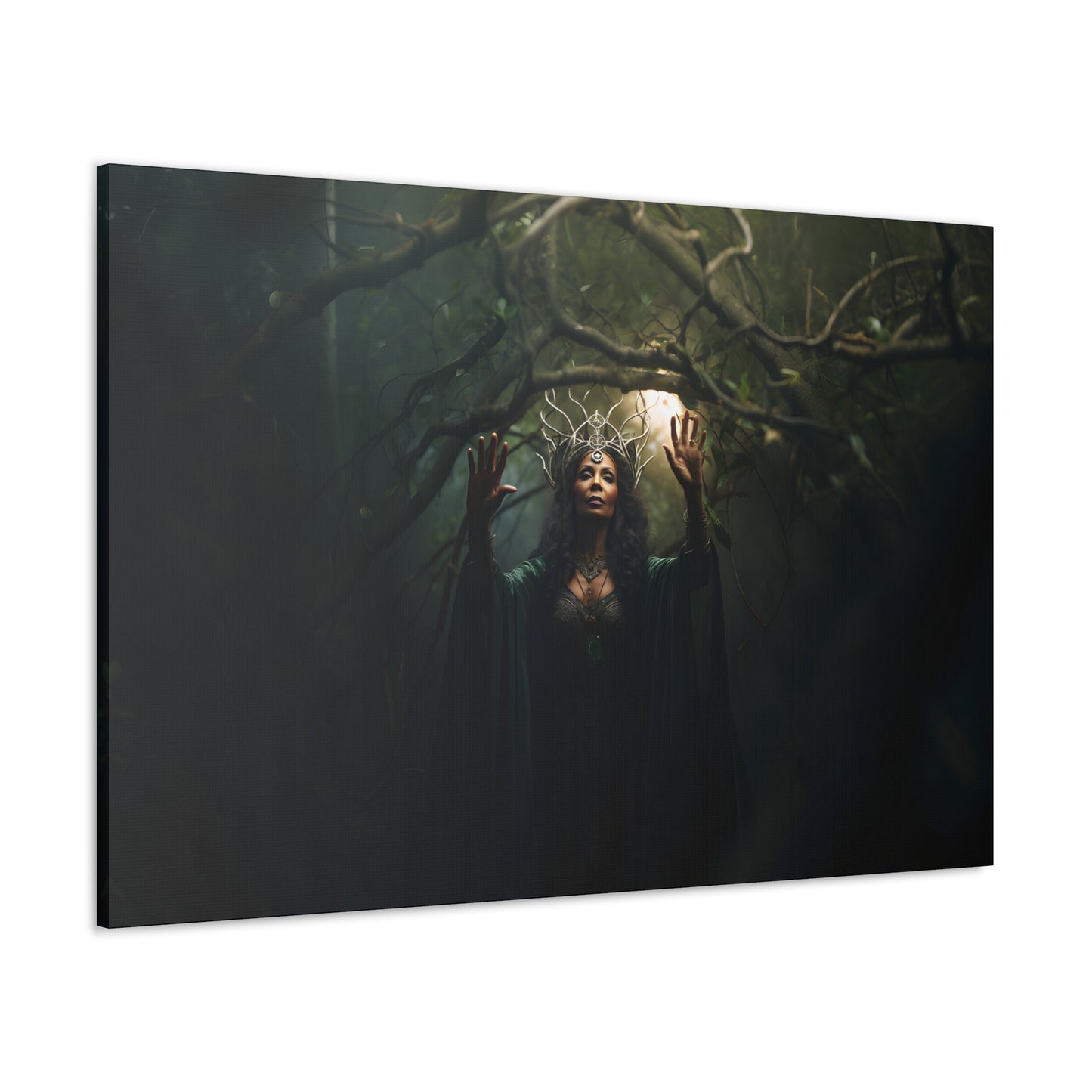 Horizontal-oriented wall art: 'Nature's Protector' from the Paragons of Play collection features a maternal druid standing amid the forest, invoking a spell to conjure protective vines. Her gentle yet powerful presence embodies the spirit of nature's defense and nurturing heart. This artwork encapsulates the harmony of natural magic and a guardian's undying dedication.