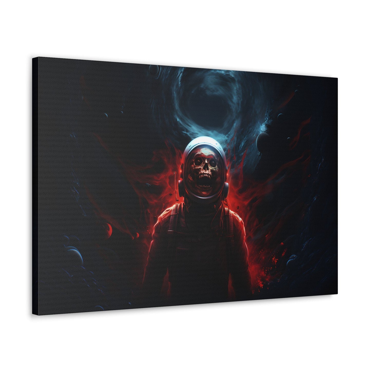 Horizontal-oriented wall art:'Cosmic Remains' from the Deep Space Dread collection features a surreal depiction of an astronaut's skeletal figure suspended in the vastness of space. The artwork showcases intricate details and cosmic hues, capturing the enigma of cosmic mysteries and otherworldly encounters.