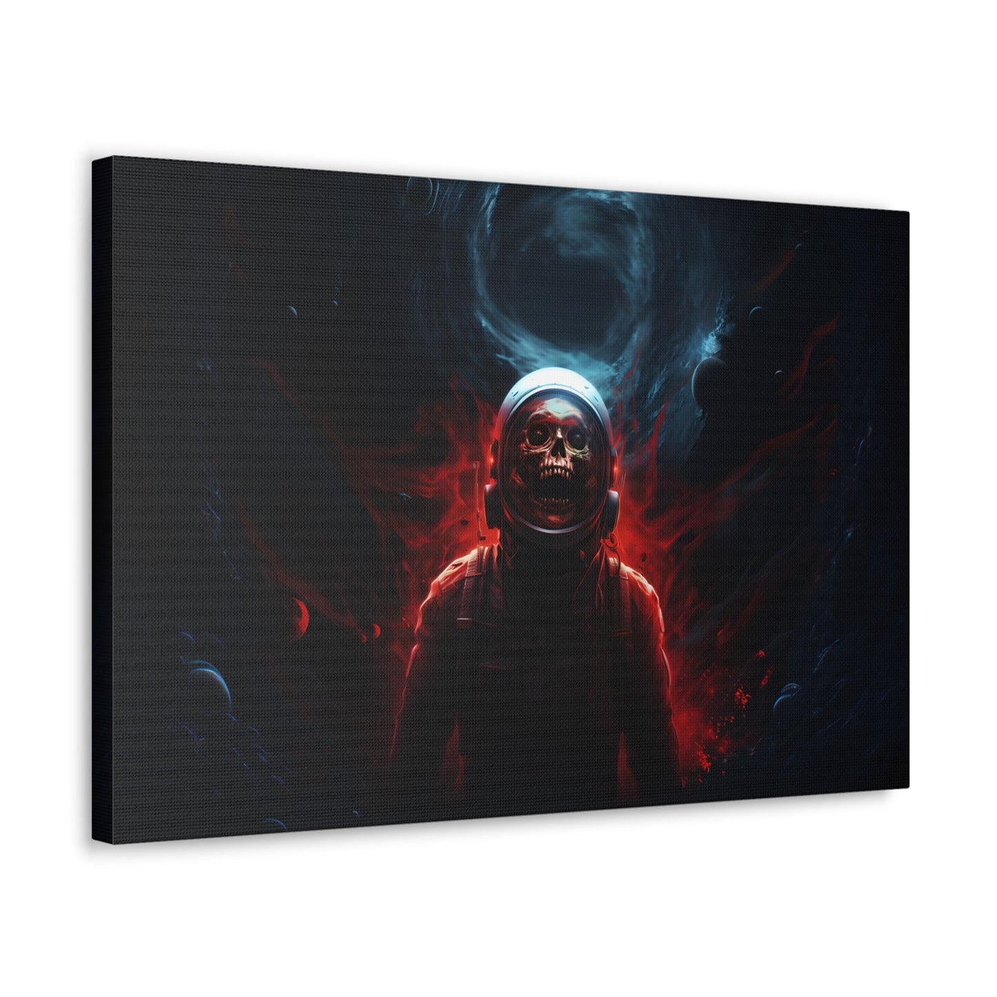 Horizontal-oriented wall art:'Cosmic Remains' from the Deep Space Dread collection features a surreal depiction of an astronaut's skeletal figure suspended in the vastness of space. The artwork showcases intricate details and cosmic hues, capturing the enigma of cosmic mysteries and otherworldly encounters.