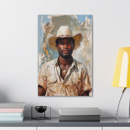 Vertical-oriented artwork: Portrait of a Cowboy IV depicts a close-up portrait of an african-american lone cowboy, his face partially obscured by a wide-brimmed hat, rendered in the Impressionist style with charming details and contrasting values, capturing the rugged beauty of the Old West.