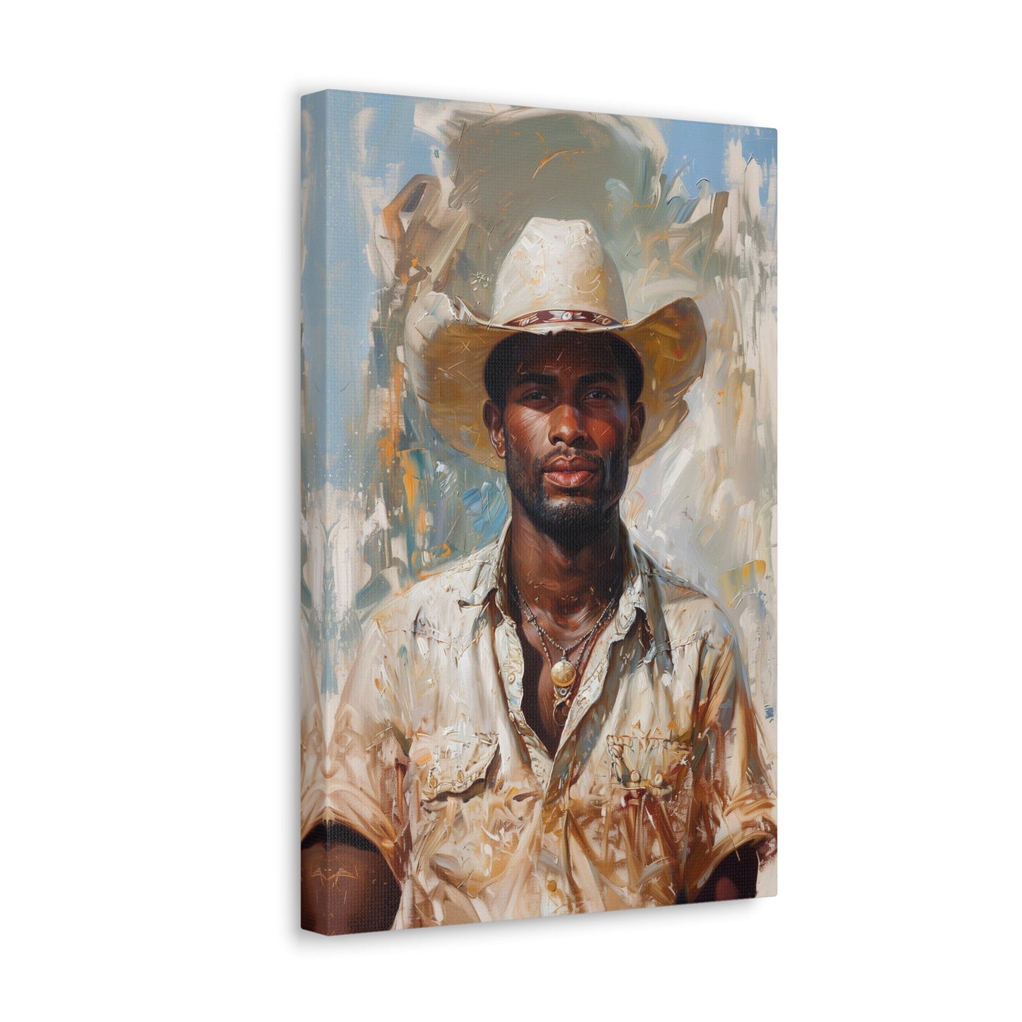 Vertical-oriented artwork: Portrait of a Cowboy IV depicts a close-up portrait of an african-american lone cowboy, his face partially obscured by a wide-brimmed hat, rendered in the Impressionist style with charming details and contrasting values, capturing the rugged beauty of the Old West.