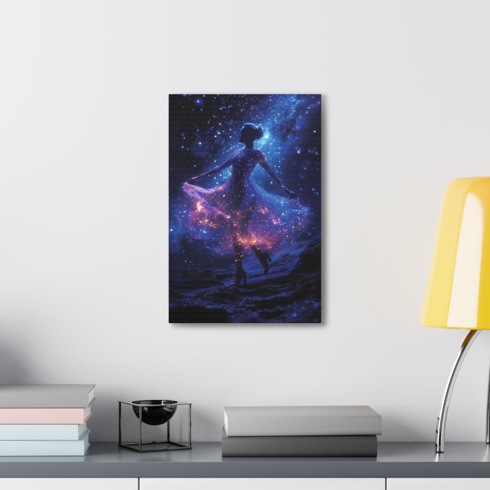 Capturing the celestial grace of a ballerina dancing amidst stars, Cosmic Ballet wall art adds an enchanting touch of cosmic elegance to your space, featuring a celestial dancer with a dress adorned by cosmic constellations with blue, pink, and purple hues.