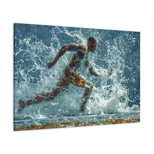 Silhouette of an African-American male running in the ocean waves, a celebration of movement and cultural harmony with celestial undertones.