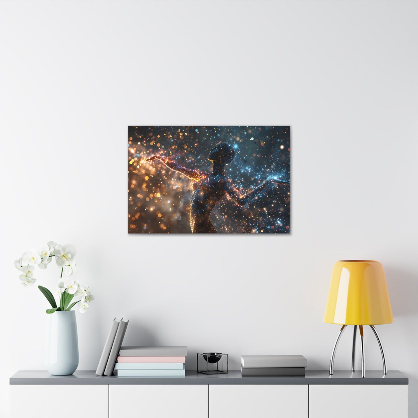 Captivating pointillism artwork featuring a graceful female silhouette amidst a cosmic backdrop, seamlessly blending celestial elements and the elegance of the human form in Stellar Poise.