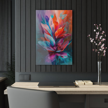 Vertical-oriented artwork: Vivid Floral Kaleidoscope - An abstract still life painting featuring a dynamic mix of colorful flowers in a kaleidoscopic arrangement, bursting with vibrant hues and intricate patterns.