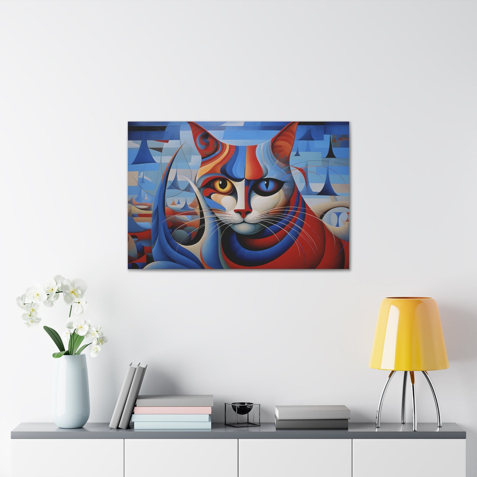 Horizontal-oriented wall art: A vibrant, cubist-inspired depiction of a cat's face, featuring bold geometric shapes and a striking mix of red, blue, and orange tones. The cat's eyes are prominently highlighted, with one eye in yellow and the other in blue, creating a captivating contrast against the abstract background.