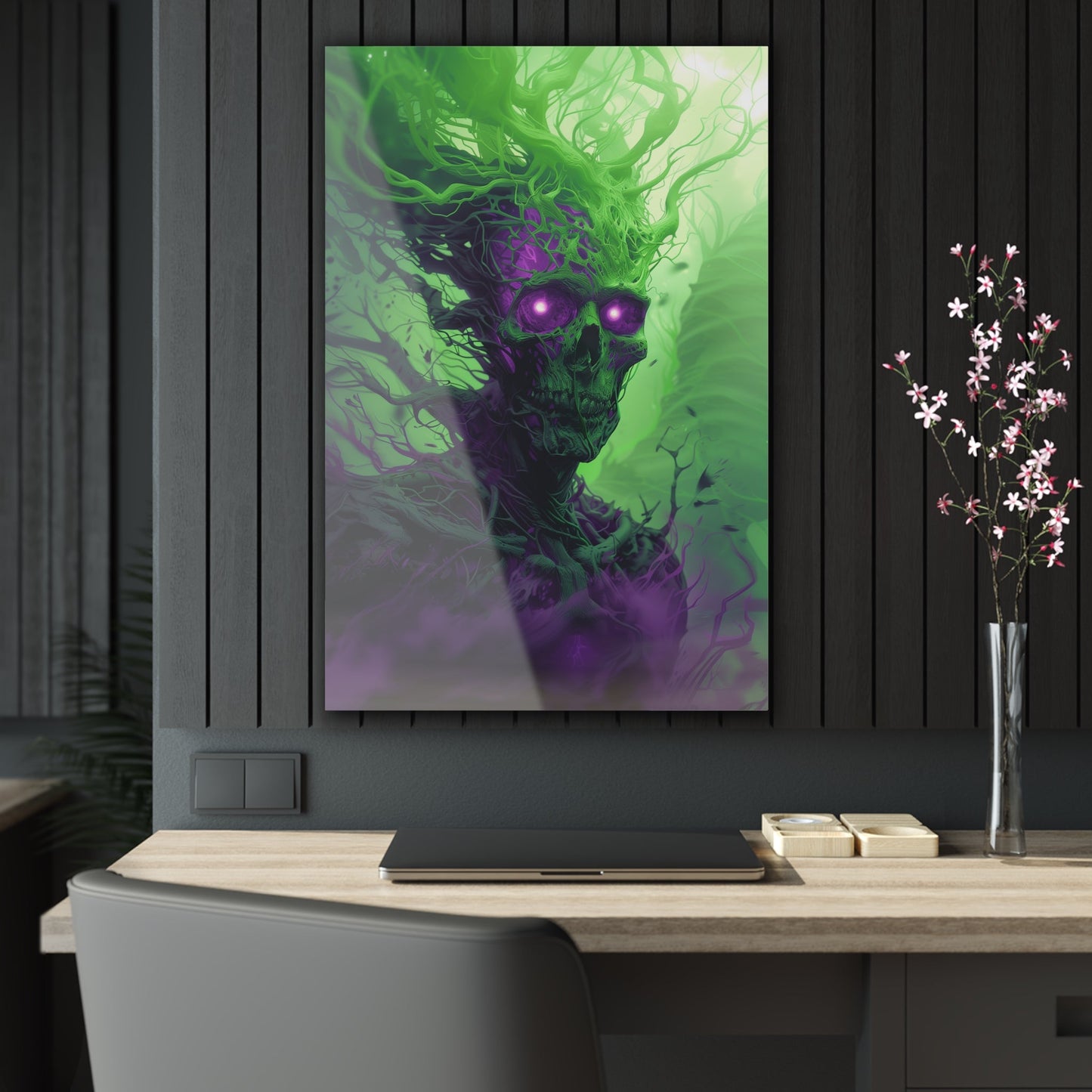 Vertical-oriented artwork: An eerie illustration featuring a mystical lich with glowing eyes, surrounded by eldritch energies in shades of green and purple, against a dark, ominous background.