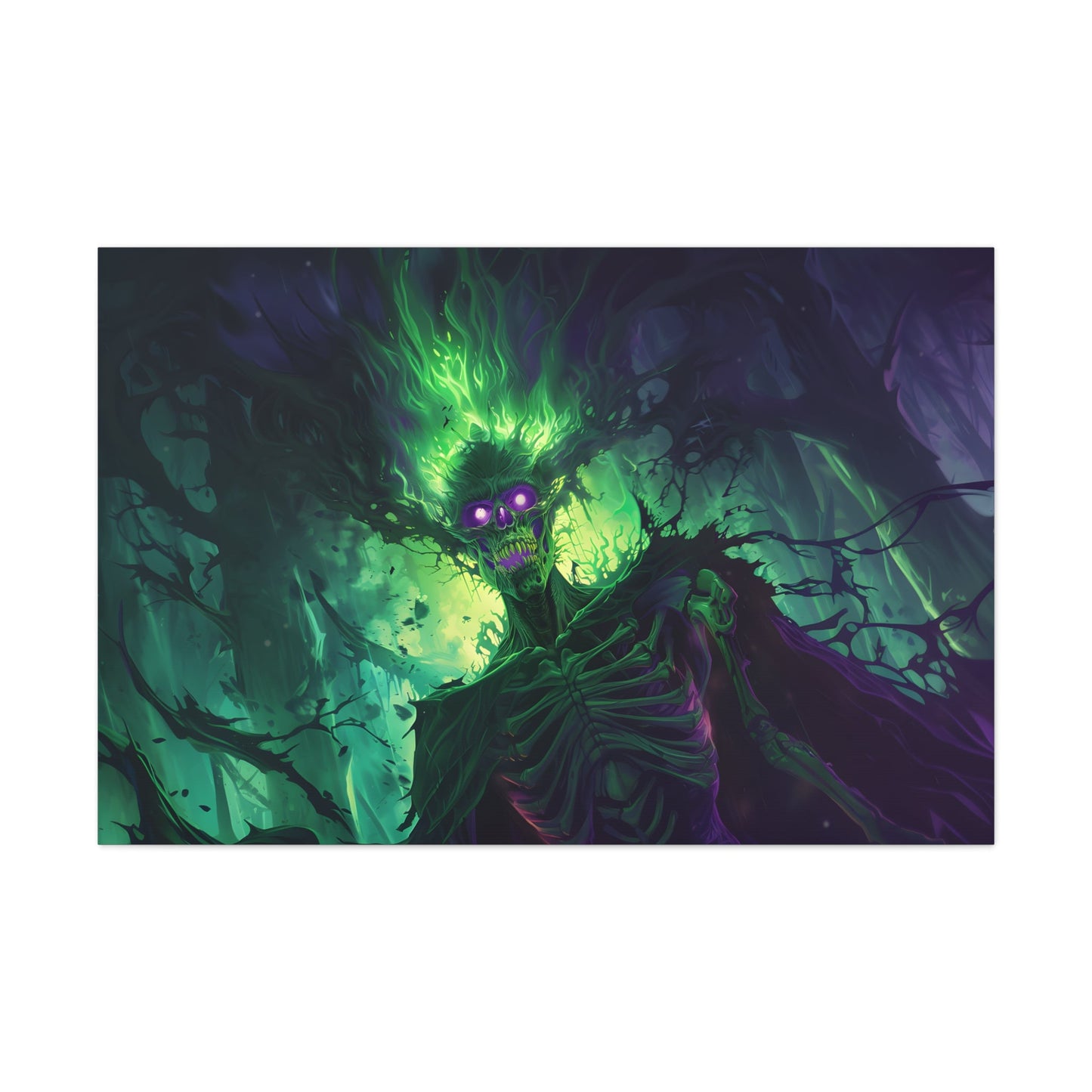 Horizontal-oriented artwork: An eerie illustration featuring a mystical lich with glowing eyes, surrounded by eldritch energies in shades of green and purple, against a dark, ominous background.