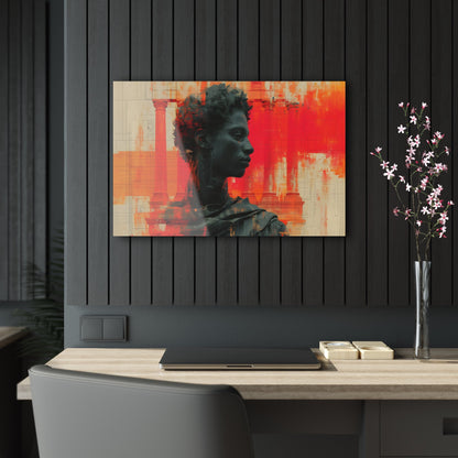 Horizontal-Oriented wall art: Digital artwork titled AfroSync from the Renaissance Rebooted collection, featuring a Renaissance-inspired male statue with an Afro-centric twist, surrounded by glitch art and vibrant red and orange tones. The image combines classical sculpture with modern digital elements, symbolizing the fusion of tradition and technology.
