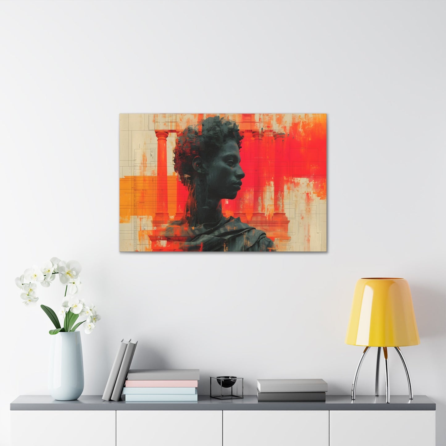 Horizontal-Oriented wall art: Digital artwork titled AfroSync from the Renaissance Rebooted collection, featuring a Renaissance-inspired male statue with an Afro-centric twist, surrounded by glitch art and vibrant red and orange tones. The image combines classical sculpture with modern digital elements, symbolizing the fusion of tradition and technology.
