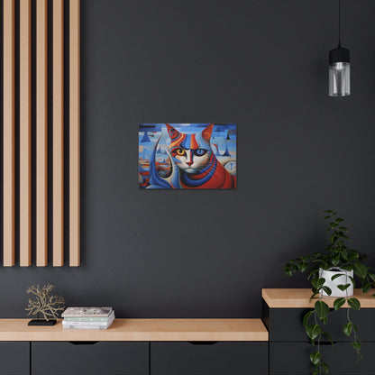 Horizontal-oriented wall art: A vibrant, cubist-inspired depiction of a cat's face, featuring bold geometric shapes and a striking mix of red, blue, and orange tones. The cat's eyes are prominently highlighted, with one eye in yellow and the other in blue, creating a captivating contrast against the abstract background.