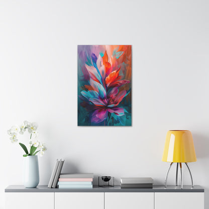 Vertical-oriented artwork: Vivid Floral Kaleidoscope - An abstract still life painting featuring a dynamic mix of colorful flowers in a kaleidoscopic arrangement, bursting with vibrant hues and intricate patterns.